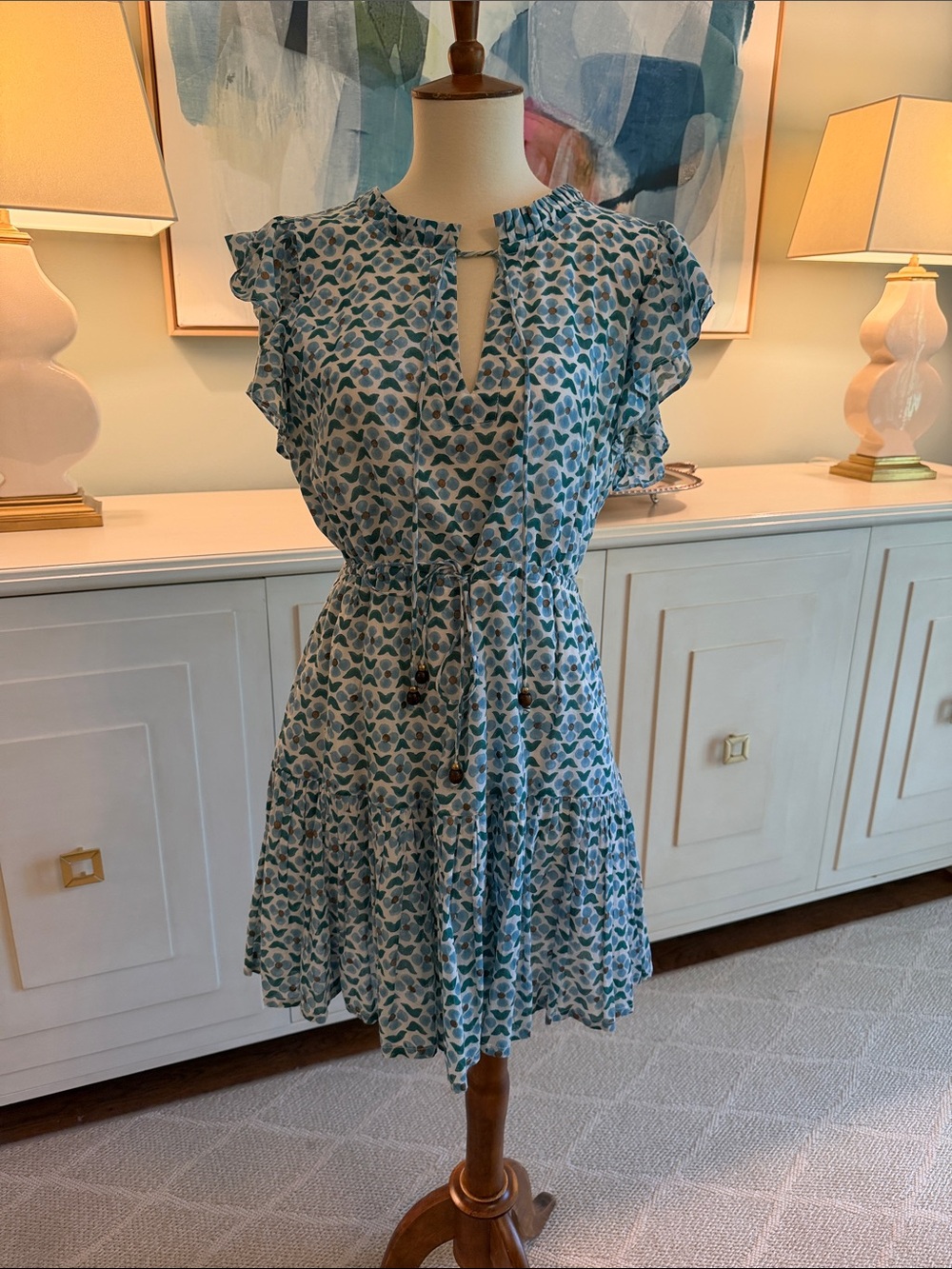 Oliphant Blue and White Floral Ruffle Tie-Waist Mini Dress
